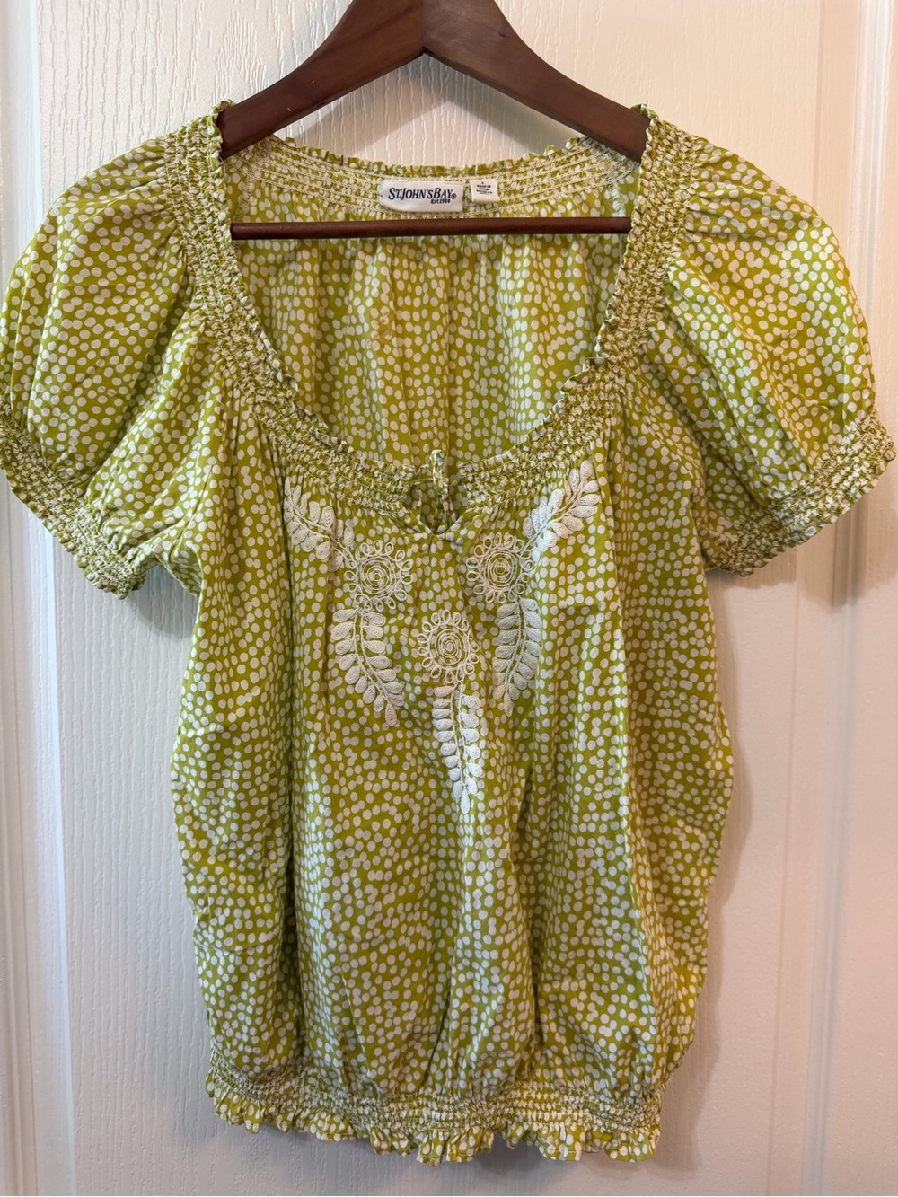 St. John's Bay Lime Green Dot Embroidered Peasant Blouse
